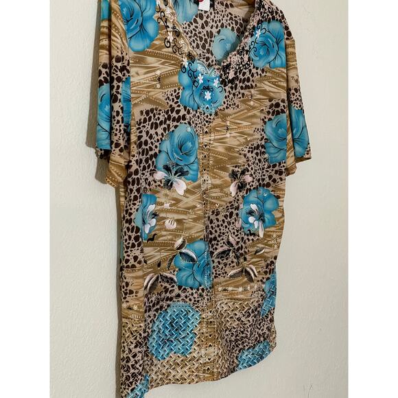 Vtg 2-Piece Top & Pants Pantsuit Aqua Flower Floral Set Stretch T-C Fashion SZ L - Picture 4 of 10